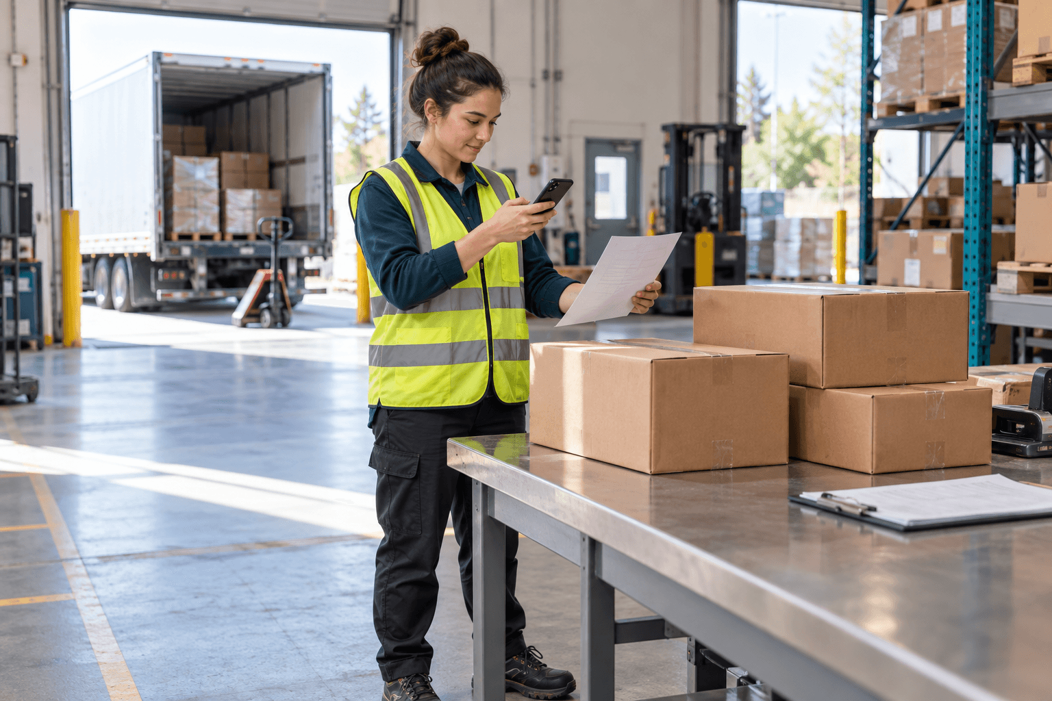 A receiving-bay worker using a mobile phone to capture a document beside delivered cartons.