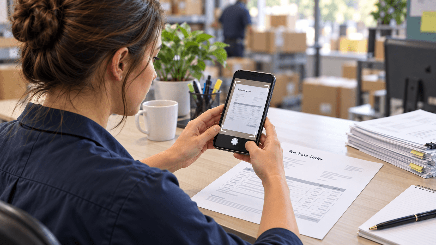 A purchasing administrator photographing a paper purchase order with a mobile phone.