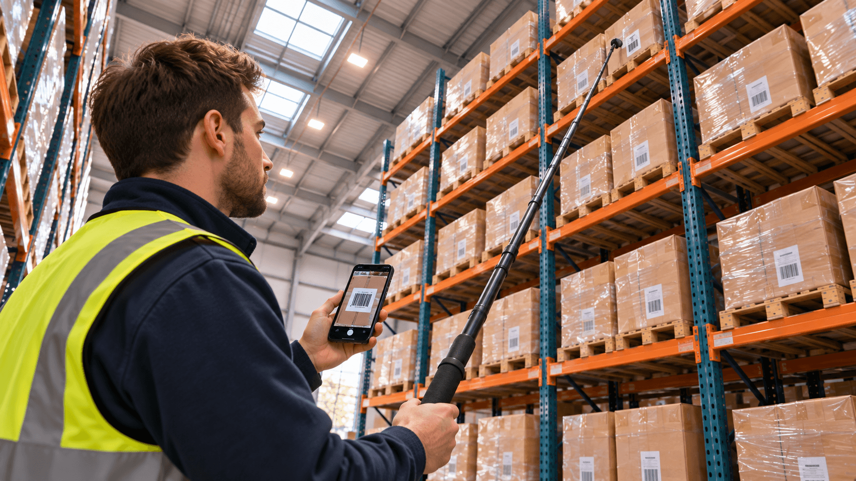 Close view of a worker holding a phone displaying a carton label, with a long pole-mounted camera reaching the fifth rack level.