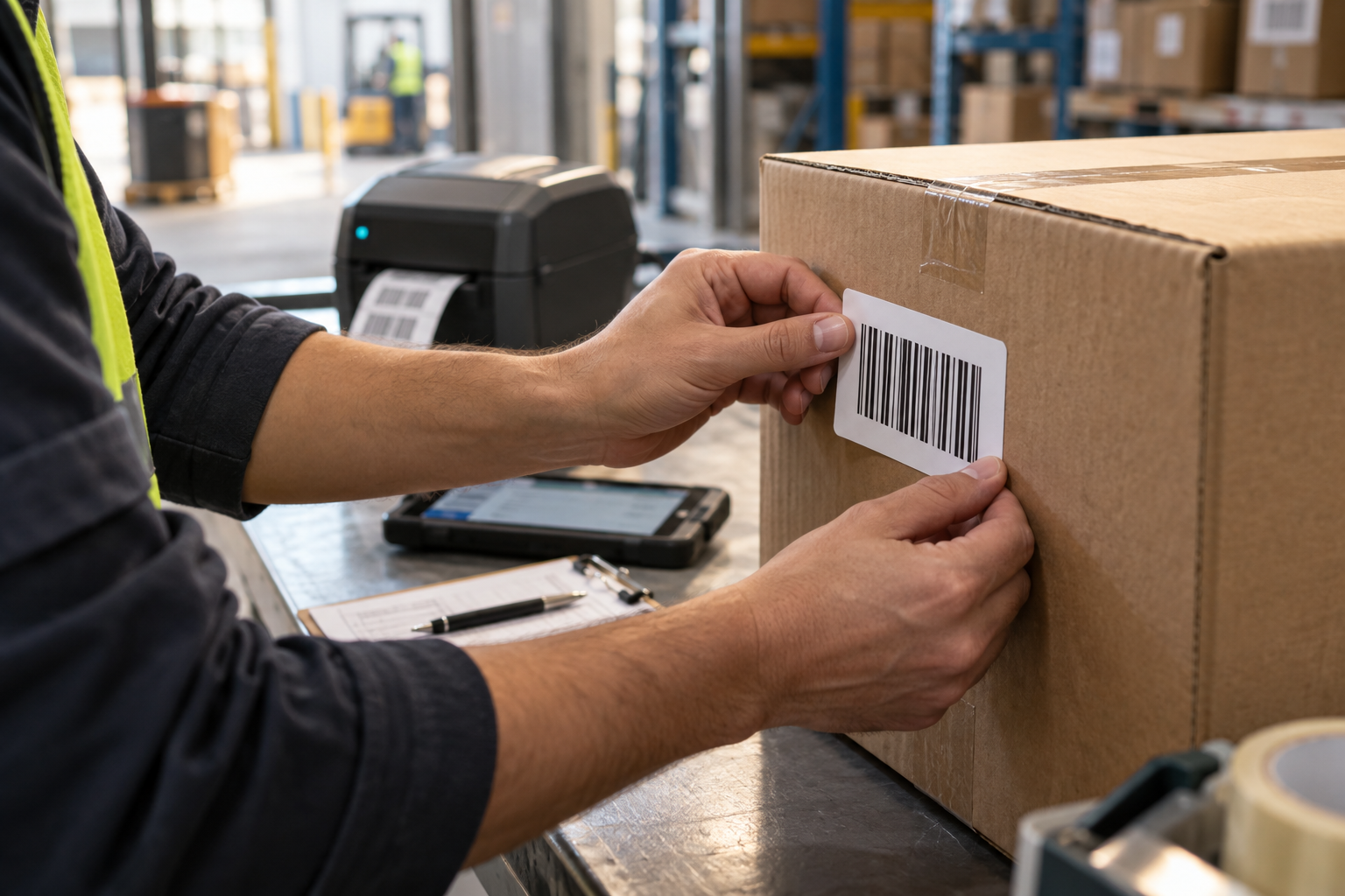 A worker applying a barcode label to a carton, with a connected label printer on the receiving bench.