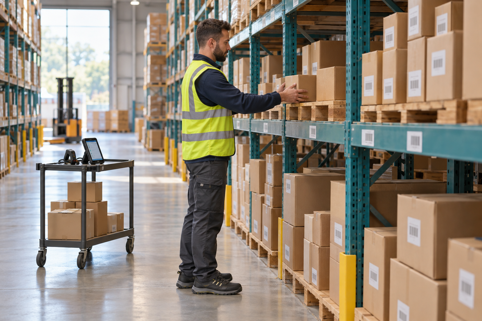 A warehouse worker placing a light carton on a rack shelf beside other stored cartons.